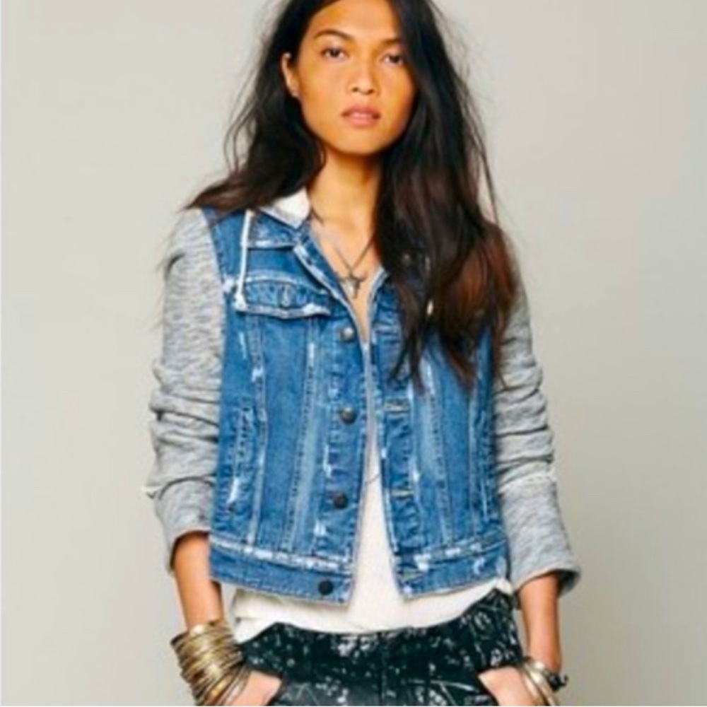 Free People Knit Hooded Distressed Denim Jacket, Size Small